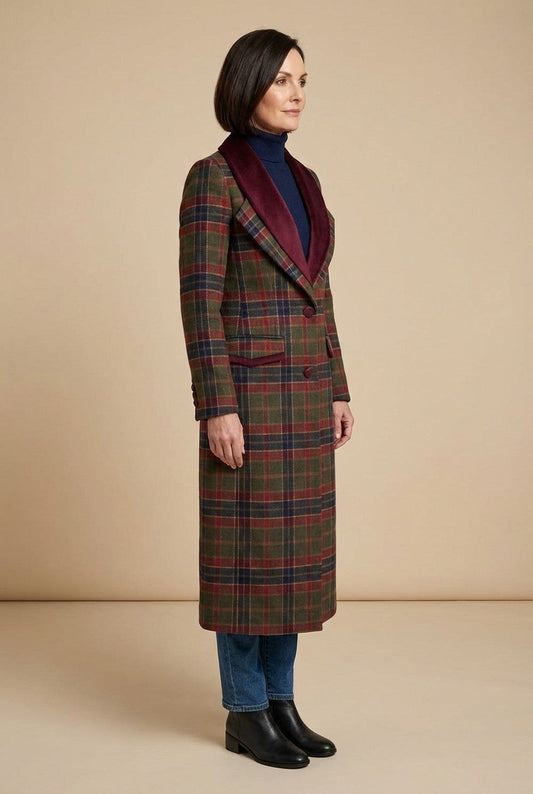 Women's Plaid Wool Blend Long Coat with Velvet Shawl Collar Heritage Style