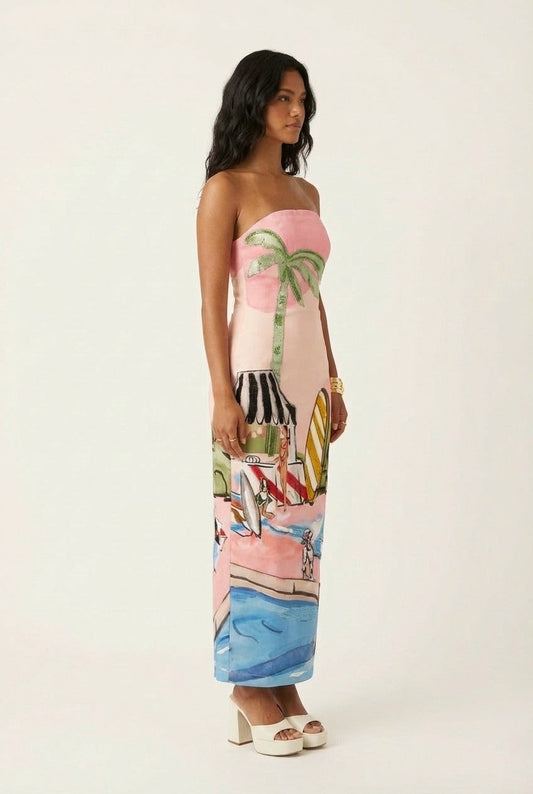 Women's Strapless Tropical Print Maxi Dress Slim Fit Resort Wear
