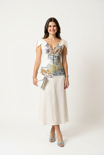 Women's Artistic Print Linen Midi Dress With Tie-Shoulder For Summer