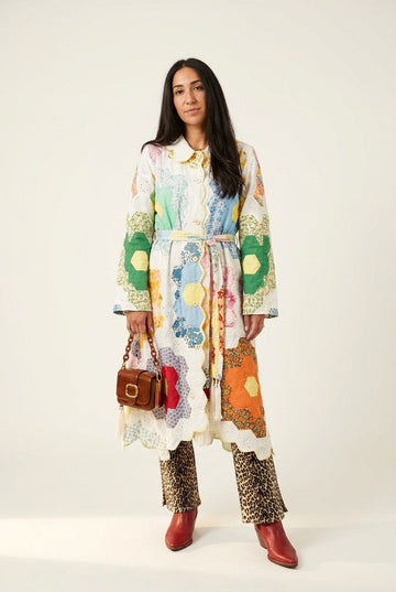 Women's Patchwork Eyelet Scalloped Coat Belted Bohemian Outerwear
