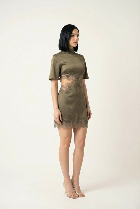 Women's Satin and Lace Mock Neck Cut-Out Mini Dress for Evening