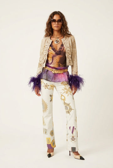 Women's Ruffled Cropped Jacket With Feather Cuffs Boho Glam