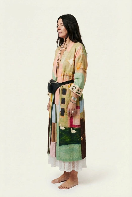 Women's Artistic Patchwork Linen Kimono Jacket Long Open Front Duster