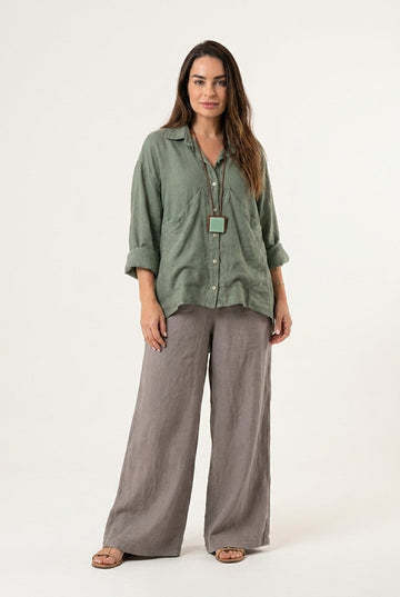 Women's Sage Green Linen Shirt and Wide Leg Trousers Two-Piece Set
