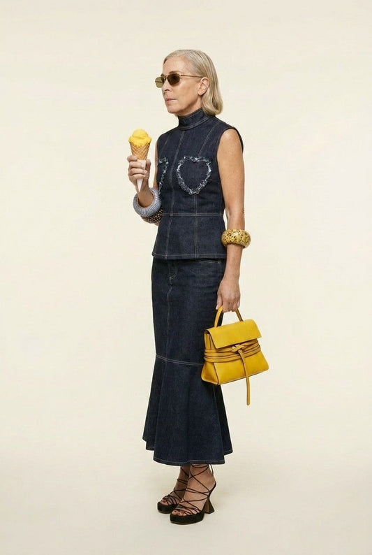 Women's Indigo Denim Vest and Skirt Set With Mock Neck Contrast Stitching