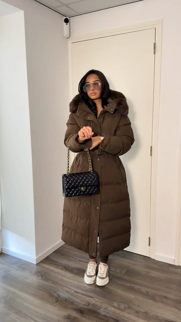 Brown belted down jacket