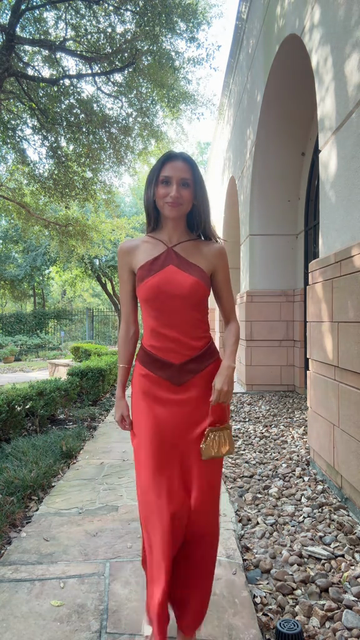 Red and Brown Contrast Maxi Dress