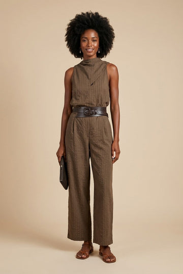 Women's Sleeveless Textured Mock Neck Jumpsuit with Wide Leg