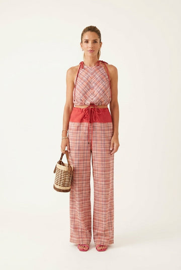 Women's Plaid Linen Halter Top and Wide Leg Pants Set, Vacation Vibe