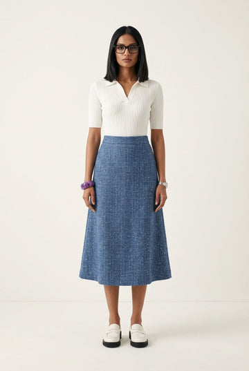 Women's Ribbed Polo and Textured A-Line Midi Skirt Set, Elegant Chic