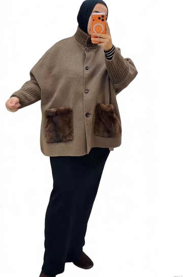 Knitted trim taupe wool coat