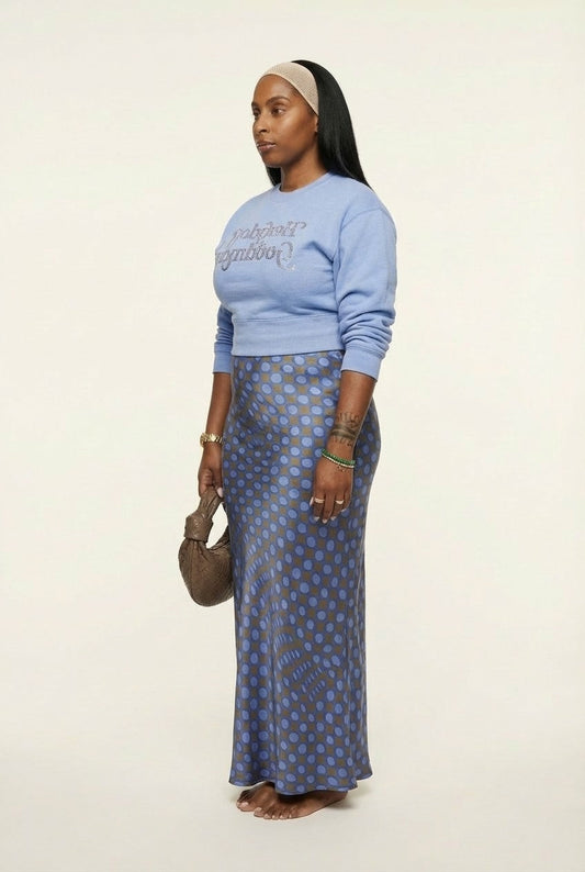 Women's Soft Ribbed Trim Cropped Sweatshirt Rhinestone Graphic Blue