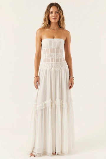 Women's Strapless Lace Corset Maxi Dress with Tiered Ruffle Skirt