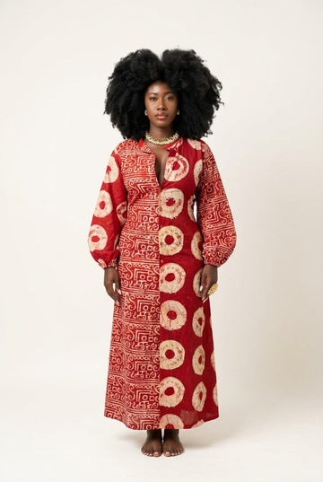 Women's Artisan Print Cotton Maxi Dress Button Down Long Sleeve