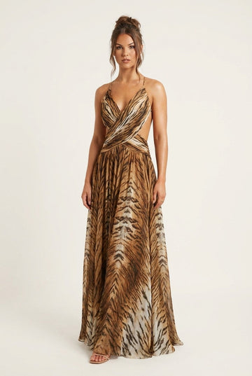 Women's Tiger Print Chiffon Maxi Dress with Waist Cut-Outs Evening Glam
