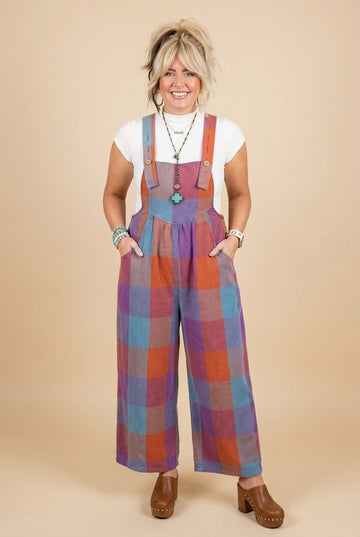 Women's Boho Plaid Cotton Jumpsuit Wide Leg Bib Overalls