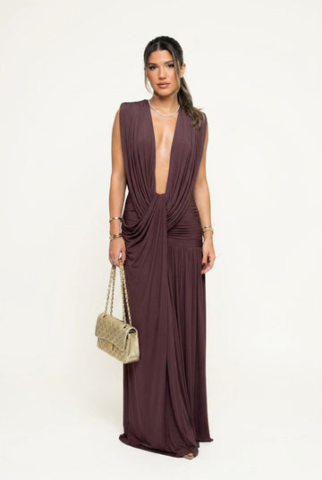 Women's Draped Jersey Deep V-Neck Maxi Dress Elegant Evening Gown