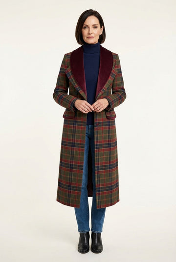 Women's Plaid Wool Blend Long Coat with Velvet Shawl Collar Heritage Style