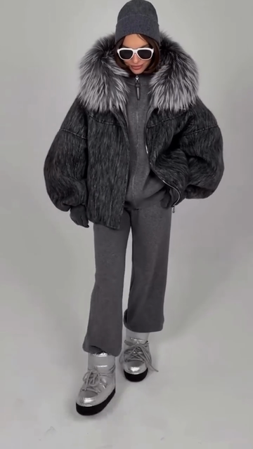 Charcoal gray faux fur oversized down jacket