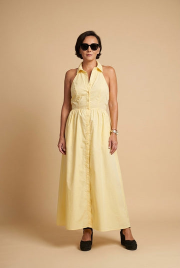 Women's Pastel Yellow Cotton Halter Neck Button-Down Midi Summer Dress