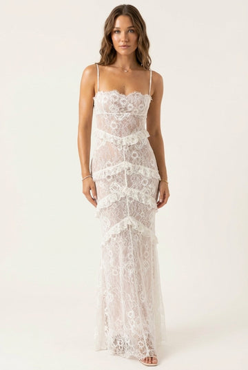 Women's Floral Lace Tiered Ruffle Maxi Dress Slim Fit Bridal Occasion