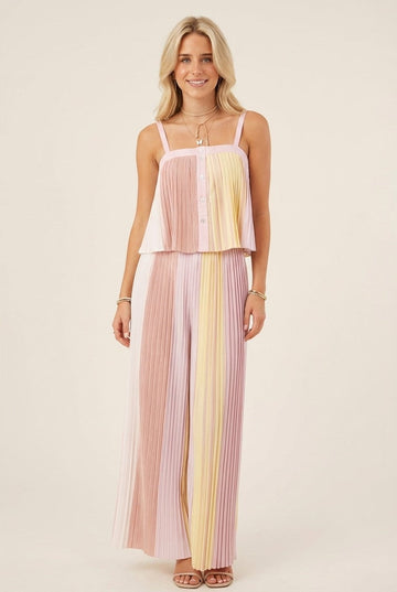 Women's Pleated Pastel Striped Tank and Pants Set Wide Leg Summer Outfit