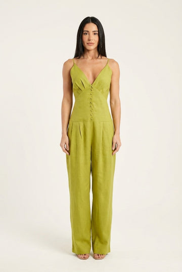 V-Neck Button-Front Linen Jumpsuit