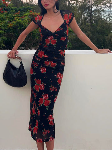Semi-Sheer Floral Print Ruched Side Midi Dress