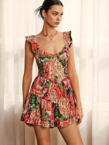 Print Low Cut Ruffle Short Jumpsuit