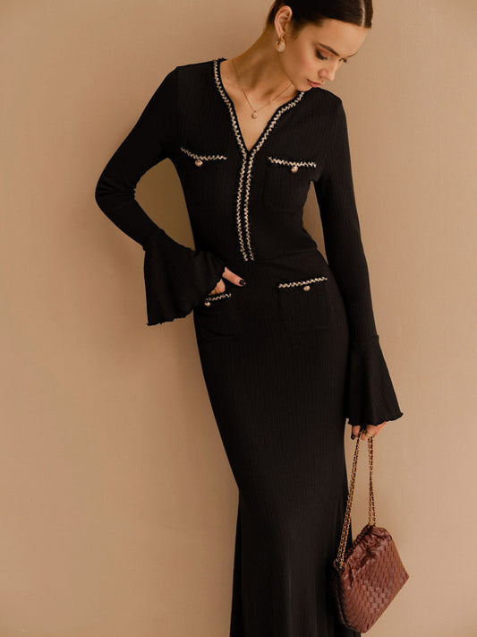 Elegant Contrast Binding Ruffle Slim Dress Without Belt