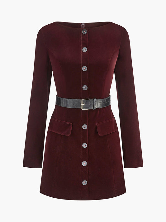 Velvet Button Short Dress With Belt