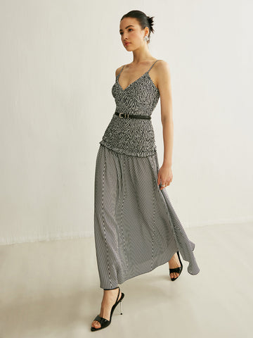 Shirred V-Neck Sleeveless Pleated Dress