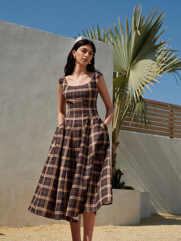 Square Neck Sleeveless Pleated Plaid Dress