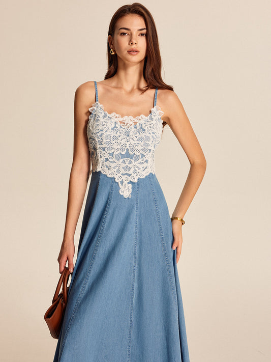Lace Panel Denim Cami Dress