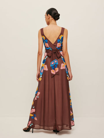 V-Back Bow Detail Printed Dress