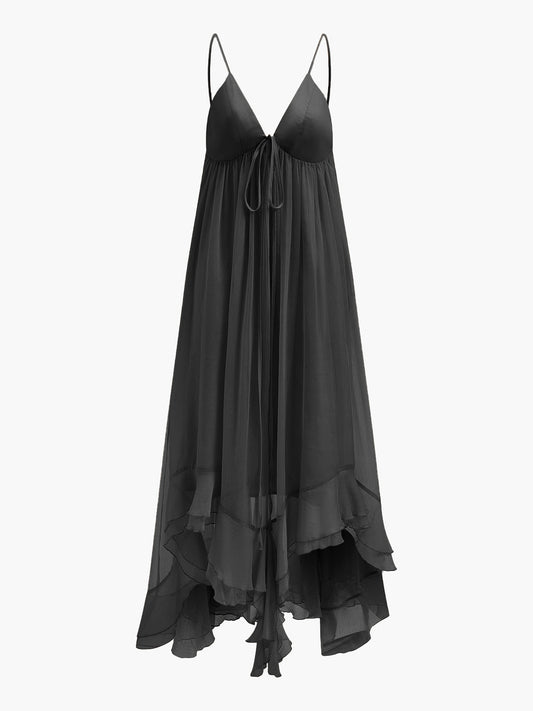 Semi-Sheer Chiffon Layered Dress With Cloak