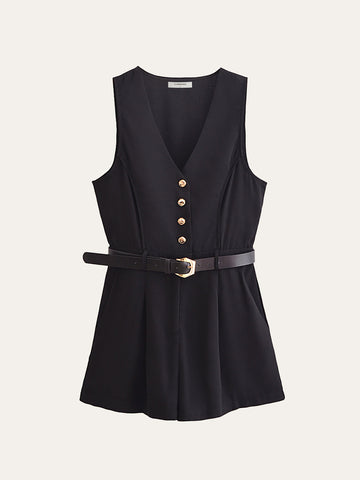 Gold Button Detail Belted Jumpsuit
