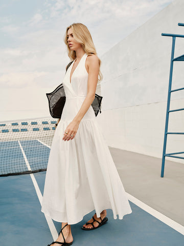 Cotton Halter V-Neck Backless Dress