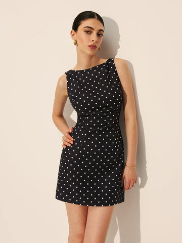Polka Dot Zipper Crew Neck Short Dress