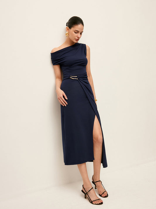 Asymmetrical Neck Metal Waist-Belt Dress