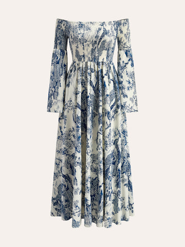 Print Off-Shoulder Smocked Sleeve Dress