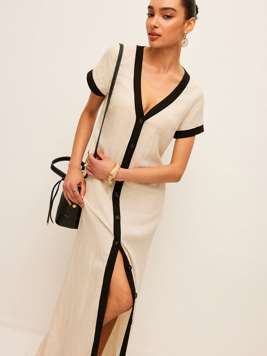 Cotton & Linen High-Slit Contrast Trim Dress