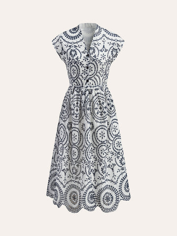 Embroidered V-Neck Belted Dress