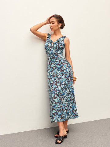 Floral Lettuce Trim V-Neck Zipper Dress