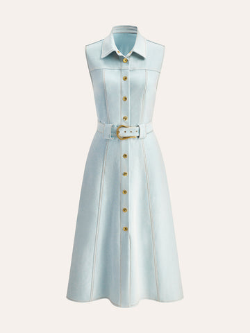 Belted Button-Front Denim Dress