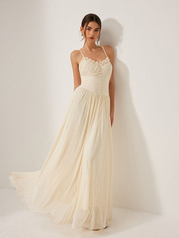 Button-Detail Mesh Panel Dress