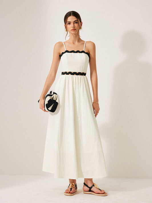 Scalloped Trim Back Tie Dress