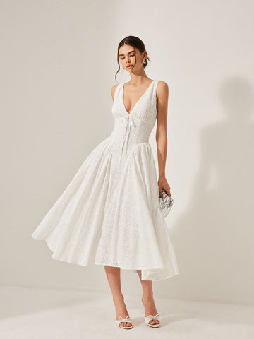 Cotton Embroidered Back Lace-Up Dress