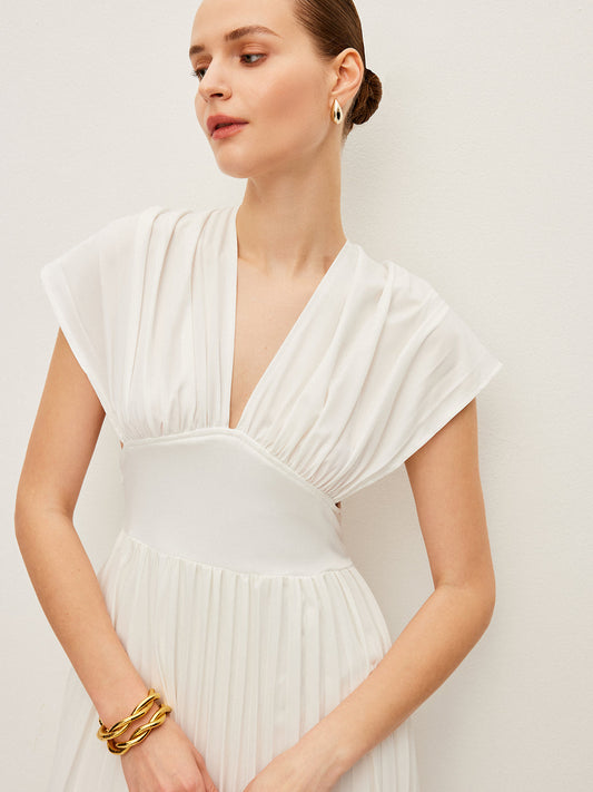 Pleated Cap-Sleeve Dress