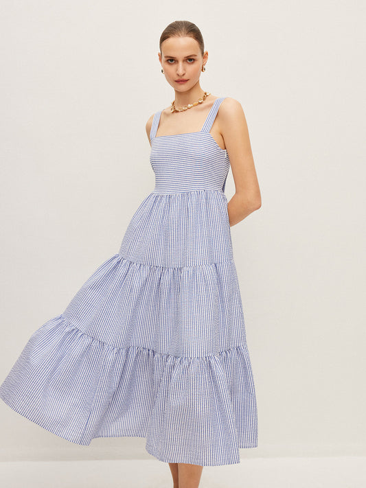 Striped Button-Detail Sleeveless Dress